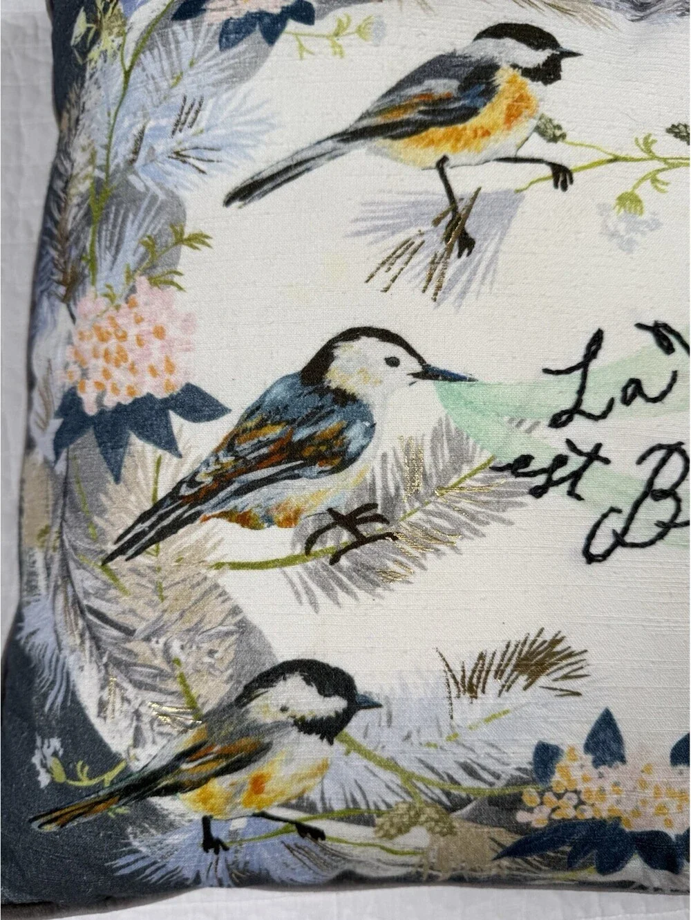 Anthropologie La Vie Est Belle Bird Throw Pillow 18x18 Cotton Embroidered Zip